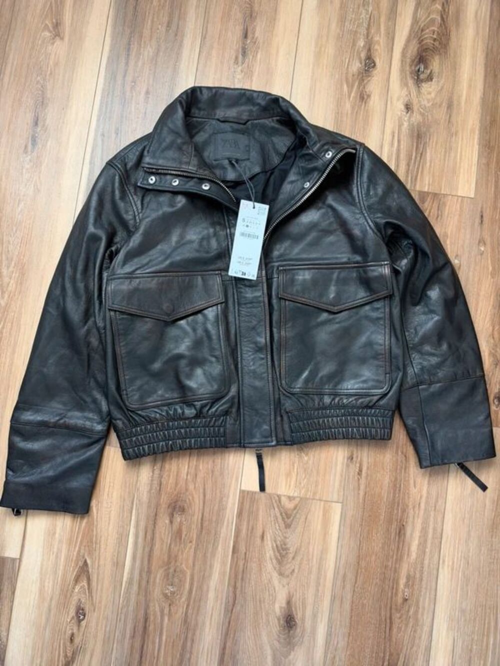ZARA Leather Jacket Small 100% Goat Leather Bomber Pocket Black $419